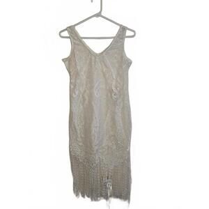 Elegant Ivory Lace Dress with Fringe Detail Size Large